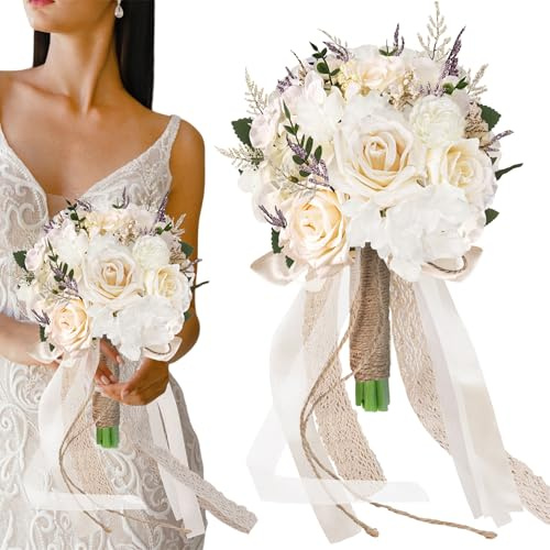 Gcroet Wedding Bouquets for Bride, Throw Toss Artificial Rose Wedding Bouquet, White Champagne Bridal Bouquet for Bride Bridesmaid Ceremony & Anniversary