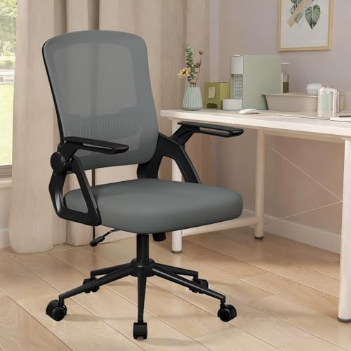 naspaluro Bürostuhl Ergonomisch mit Hochklappbare Armlehnen Dunkelgrau | Schreibtischstuhl , Drehstuhl mit Netzbespannung, Lordosenstütze, Höhenverstellbarer, Wippfunktion, Gepolstertem Sitzkissen