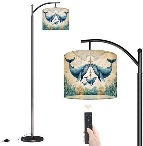 Arc Floor Lamp Ocean Animal Whales Star Coral Map Painting Detailed Whimsical Nature Dimmable Modern Standing Lamp with Remote Adjustable Drum Shade Footswitch Tall Pole Lamp for Living Room Bedroom