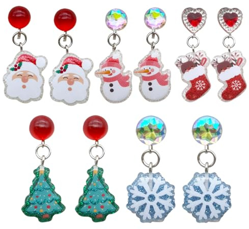 JYNXOR 5 Paar Weihnachtsohrringe, Klipp Ohrringe Kinder Mädchen, Ohrclips für Kinder ohne Ohrlöcher