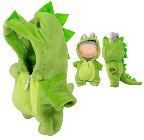 Verdelume Hellgrün Dinosaurier-Overall Kleidung für Labubu, EIN-teilige 17cm Puppenbekleidung mit Kapuze, Geschenkidee für Jungen und Mädchen, 1 Stück (Ohne Labubu-Puppe)