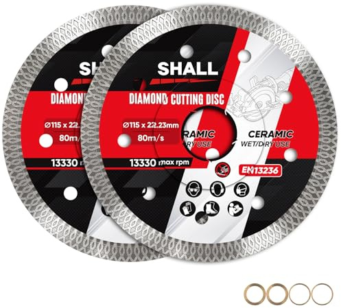 SHALL Disques à tronçonner diamantés 115 mm (4,5), X-Mesh Turbo super fin pour meuleuse d'angle, porcelaine et céramique, alésage 22,23 mm avec anneaux de réduction 16 mm et 20 mm
