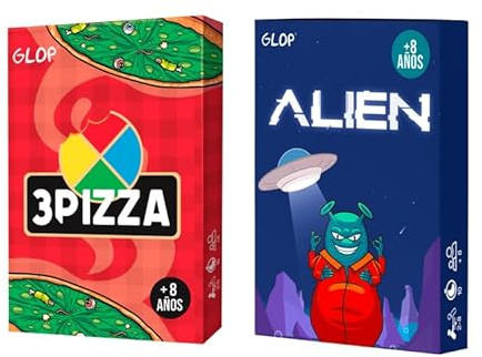 Glop Pack Alien + 3Pizza | 2 Juegos de Mesa de Cartas Familiares | Niños y Adultos a Partir de 8 años | Partidas rápidas | Divertidos y Educativos | Regalo Original para Familia y Amigos
