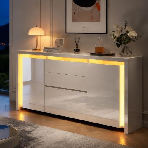 HFASD Byrå vit högglans med LED-belysning, modernt skänk med 2 lådor och 4 skåp, hallskåp, bufféskåp, TV-skåp, vardagsrumsskåp för vardagsrum, sovrum, kontor, hall
