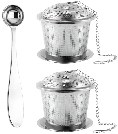 2 Pcs Tea Infusers with Drip Tray and 2.5ml Measuring Tea Spoon,Tea Strainer for Loose Tea with Extented Chain, Fine Mesh Tea Filter, Stainless Steel Loose Tea Infuser Set for Home Office