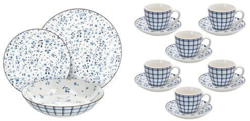 Tognana Cottage, servizio tavola 24 pezzi, piatti + tazzine da caffè per 6 persone, Porcellana, Blu