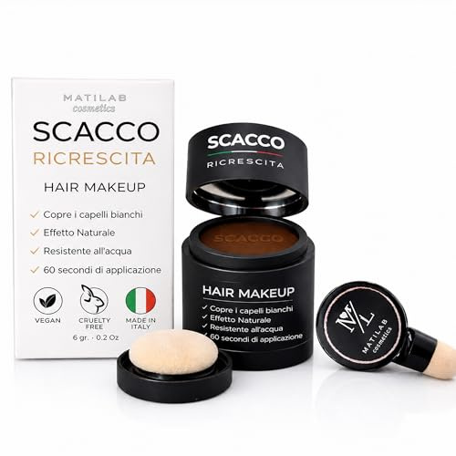 Scacco Ricrescita, Polvere Ritocco Ricrescita Capelli Professionale 6 gr, Copertura Radici Bianche e Diradate, Effetto Naturale, Lunga Tenuta per Uomo e Donna (Marrone Medio)