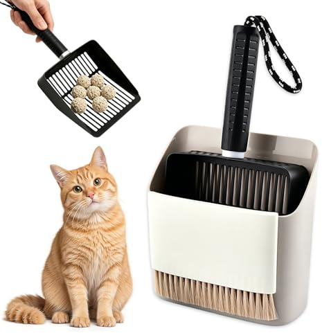 VETOLAKA Katzenklo Schaufel, 3-teilig Katzenklo Set mit Behälter und Reinigungsbesen, Edelstahl Metall Katzenschaufel, Schaufel Katzenklo mit Siebfunktion, Katze Müll Scoop für Katzenstreu Reinigung