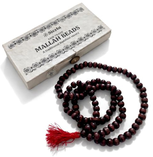 Siesta Fair Trade Mallah Mala-Perlen-Halskette, 108 authentische Uttis-Holzperlen, traditioneller buddhistischer Rosenkranz mit roter Quaste, handgefertigte Lokta-Papier-Geschenkbox mit