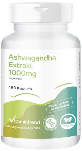 Vitamintrend Ashwagandha-extrakt 1000 mg, 180 kapslar, 1000 mg per dag, högdoserat, veganskt utan magnesiumstearat, tillverkat i Tyskland