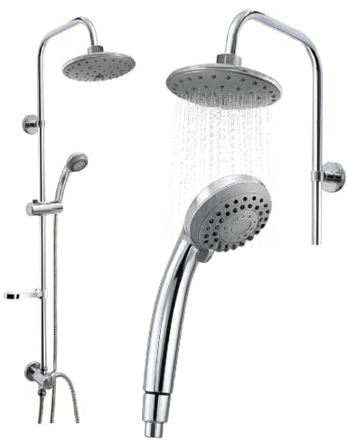 Crisalide® Colonne de douche chromée combinée carbone avec pommeau rond 160 mm, douchette 3 jets, barre réglable en acier inoxydable, flexible 150 cm et porte-savon en ABS chromé
