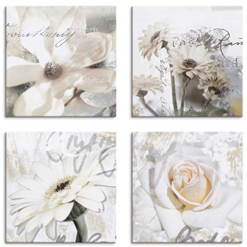 ARTLAND Wanddeko Blumenbilder Leinwand Bilder Set 4tlg. je 40x40 cm Quadratisch Wandbilder Natur Blumen Weiß Magnolie Gerberas Rosen in Buchstaben K2UD