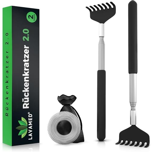 LAVAMED® Set de 2 rascadores de espalda y cabeza, con mango telescópico de acero - mano rascadora extensible.