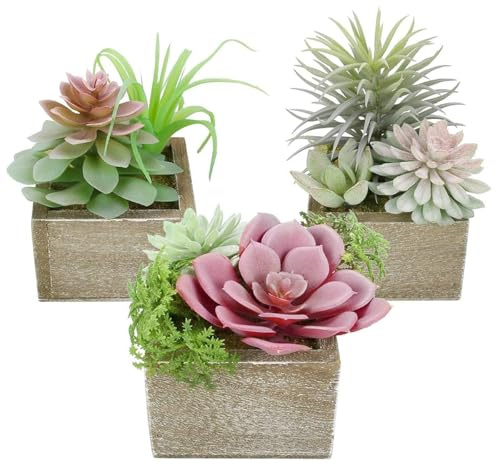 Succulent Plants Artificial, 3 Pack Small Fake Plants in Wood Pot for Home Decor, Farmhouse Artificial Plants Indoor for Living Room Bathroom Bedroom Office Kitchen Desk Wedding Coffee Table Decor