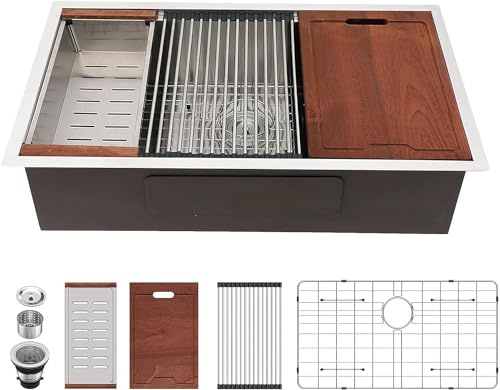 Lordear 32 Undermount Kitchen Sink 32x19 Inch Stainless Steel Kitchen Sinks Ledge Workstation 16 Gauge Single Bowl Under Counter Handmade Sink with Cutting Board