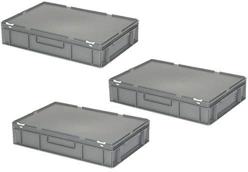 BRB 3x Eurobehälter mit Deckel, PE-HD, LxBxH 600x400x130 mm, 23 Liter, grau