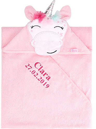 Be Mammy Kapuzenhandtuch Babyhandtuch aus Baumwolle Bestickt mit Name und Geburtsdatum 95cm x 95cm BE20-282-BBL (Rosa - Einhorn)