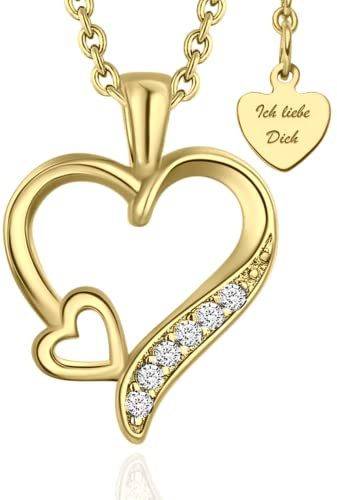 LOVENEST Damen Halskette 925 Silber mit kleinen Zirkonia Steinen Herzkette Silberkette mit Herzanhänger Kette Damen Halskette Anhänger Herz Schmuck Frauen Freundin Geschenk I Love You, Sterling Silber
