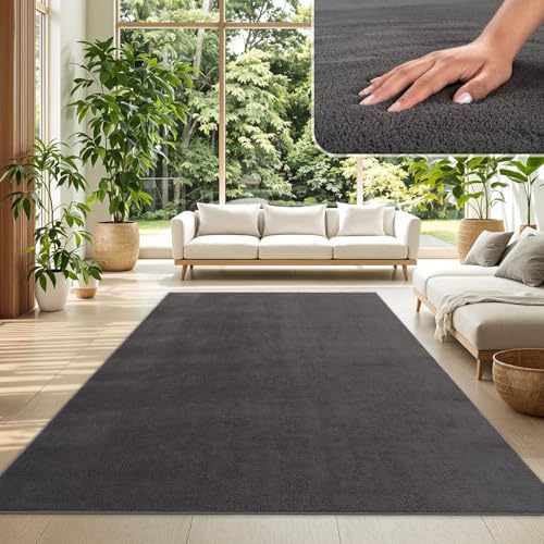 TT Home Wohnzimmer Teppich Kurzflor Anti-Rutsch Rückseite Unifarben Modern Waschbar, Farbe:Anthrazit, Größe:300x400 cm