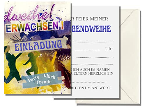 10x Einladungskarten Jugendweihe Set mit Umschlägen - Hochwertige Klappkarten A6 Endlich Erwachsen - Modernes Design für Jungen & Mädchen - Einladungen zur Jugendfeier Party zum Ausfüllen (Bunt)