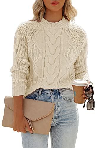 Ancapelion Women’s Long Sleeve Jumpers Crew Neck Sweater Cable Knitted Cream Jumper Pullover Tops for Ladies M
