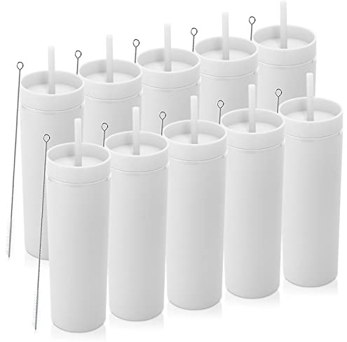 Volhoply 600ml Bicchieri in Plastica Confezione da 10,Bicchiere a Doppia Parete con Coperchio e Cannuccia,Riutilizzabili Tumbler,Bicchieri D'acqua in Acrilico Senza BPA per Feste,Regali(Bianco,10 Set)