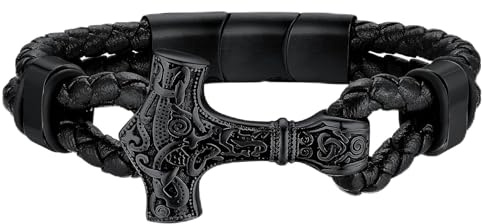 FaithHeart Herren Armband 23CM Lederarmband Schwarz Wikinger Armreif Leder Wickelarmband Lederband mit Magnetverschluss Geflochtenes Armband Manschettenarmband Schmuck für Vatertag