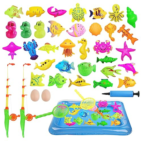 LUFEIS Angeln Spielzeug, 41PCS Angelspiel für Kinder Wasser,Magnet Angelspiel für Kinder ab 3 Jahre,Baby Badespielzeug Wasserspielzeug mit Angeln und Aufblasbarer Fischteich Angeln Geschenk fürKinder