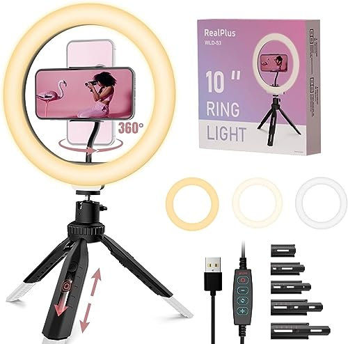 RealPlus 10 Selfie Ring Light, Regalo Donna Compleanno, Luce ad Anello Telefono, Luce per Selfie Ricaricabile a Clip, 3 Modalità di Illuminazione e 120 LED, per Telefono, TikTok, YouTube, Video, Foto