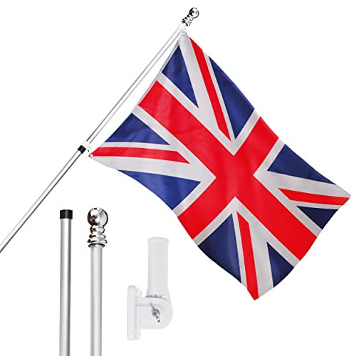Union Jack Flag, Flagpole and Wall Mount - 5ft x 3ft Union Jack Flag with Grommets, Extendable Flag Pole and Flag Pole Mount - King's VE Day Street Party Decoration VE DAY COMMONWEALTH