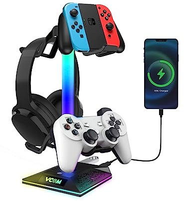 VCOM RGB Headphone Stand with 10 Light Modes, Gaming Controller Holder with 2 USB Ports, PC Gaming Accessories for Desk, Universal Organizer Headpsets/Xbox PS5 Controller Stand Gamer gifts