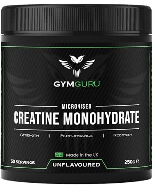 Gym Guru® Creatine Monohydrate Powder (UK Made), 250g, Unflavoured, Micronized - 5g Creatine Powder Per Serving (5000mg) - Vegan, Gluten Free - Increase Muscular Physical Performance