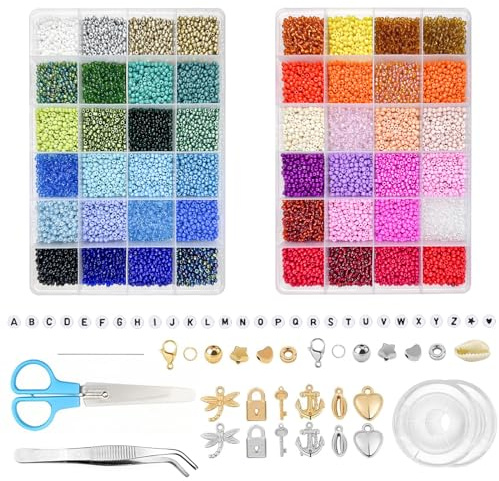 Magrimaxio 16000 Stück 3 mm perlen für armbänder, buchstabenperlen zum auffädeln, bastelperlen, mit elastischer faden, Schere und Aufbewahrungsbox, perlenset für DIY Bracelet Making Kit