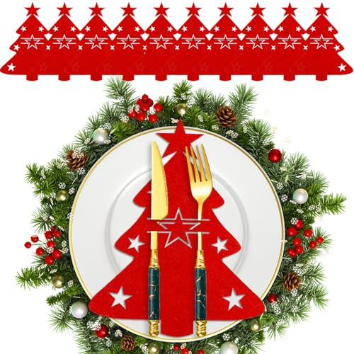 Atuoxing 12 Stück Bestecktasche Weihnachten, Tischdeko Weihnachten, Besteckhalter Weihnachten Filz, Weihnachtsbaum Bestecktasche mit Stern für Weihnachtsdeko Tisch