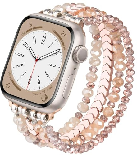 VISOOM Beaded Straps Compatible with Watch Strap 46mm/42mm/44mm/45mm/49mm, Bling Jewelry Replacement iWatch Band Women or Series SE/10/9/8/7/SE/6/5/4/3/2/1, Rose gold
