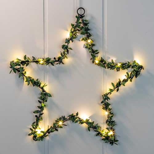 Spetebo Fensterbild Stern mit 20 LED - mit Buchsbaum Dekor - Fenster Silhouette warm weiß beleuchtet - Weihnachtsdeko Advent Winter Weihnachten Fensterdeko Batterie betrieben mit Timer