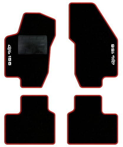 QUEMAR Tappetini Auto per Alfa Romeo 156, Bordo Rosso, 2 Ricami | 1997-2007 / Kit Tappeti Moquette e Gomma su Misura / Set 2 Anteriori + 2 Posteriori / Ricami e Colori Personalizzati