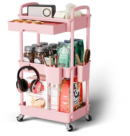 Sorgion 3 Tier Rolling Cart Organizer,Laundry Room Bathroom Organizers and Storage Office Shelves Mobile Shelving Unit Kitchen Trolley Cart with Wheels for Art,Craft,Diaper,Bedside,Snack(Pink)
