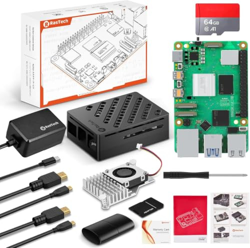 RasTech Starter Kit für Raspberry Pi 5 8GB mit 64GB Edition | Active Cooler,27W GaN 5,1V5A Netzteil,64GB Kartenleser Kit,Pi 5 Gehäuse,4K Micro HD Out Kabel,Pi 5 8GB Board,Benutzerhandbuch