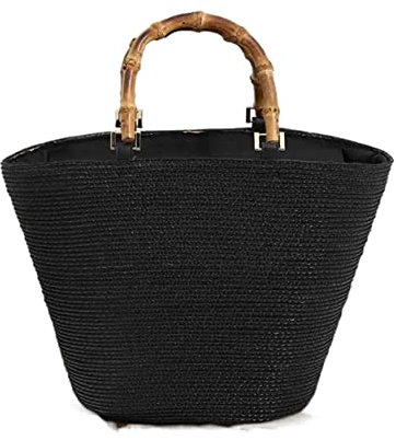 MOBAAK Strohtasche Korbtaschen Gewebte Handtasche Lässige Damentasche Gestreifte Einkaufstasche Griff Gewebte Tasche Strandtasche Geflochtene Tasche (Color : Black, Size : 38 * 14 * 27cm)