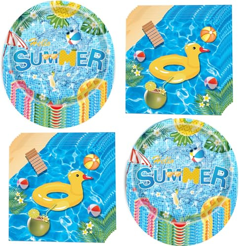 100Pcs Pool Party Supplies Summer Beach Party Set 7Summer Pool Plates Pool Napkins for Beach Pool Theme luau Beach Summer Pool Birthday Party Decorations|Serve 50 (Summer)