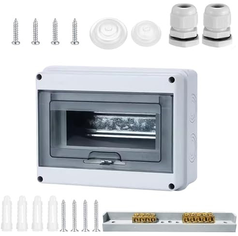 Surface-Mounted Distribution Box, IP65 Waterproof Fuse Box, Surface-Mounted, 1-Row for 8 Modules Surface-Mounted Distributor, with Brass Clamps for Garden or Outdoor Areas, Villas, Charging (8 Way)