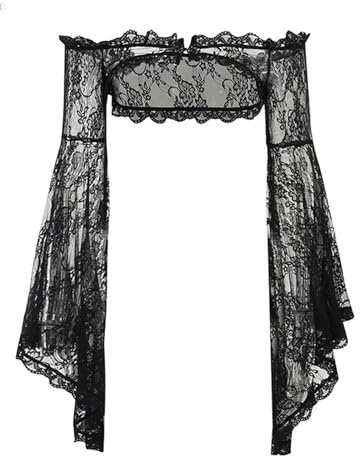 Coprispalle in Pizzo Nero da Donna Bolero Manica Corta Svasata Giacca Corta Coprispalle per Matrimonio Sera Prom Costumi gotici Tops-2-S