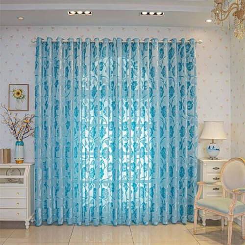 Daesar Sheer Curtains 2 Panels Set 84 Inch Drop, Eyelet Transparent Curtains Jacquard Flowers Leaves Pattern Voile Curtain Panel for Bedroom Living Room Patio Door, 34 W x 84 H Blue