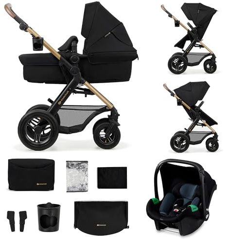 Kinderkraft MOOV 2 AIR Passeggino Trio 3 in 1, navicella e passeggino 2 in 1, seggiolino auto i-Size, travel system, ruote gonfiabili ammortizzate, da nascita a 22 kg, Nero