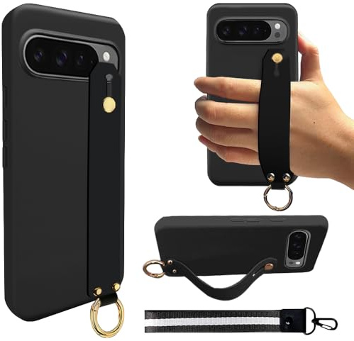 Pusiikeer Compatible with Google Pixel 9 Pro XL Phone Case with Wrist Strap | Wristband Stand with Short strap hand lanyard Shockproof Protective Cover Phone Case for Google Pixel 9 Pro XL - Black