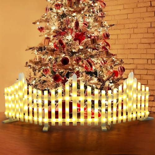 panthem LED Christmas Tree Fence, 5 Pack 1.75 Meter Lighted Christmas Decorative Fences White Plastic Picket 8 Modes DIY Connectable Garden Fence for Pets Christmas Tree