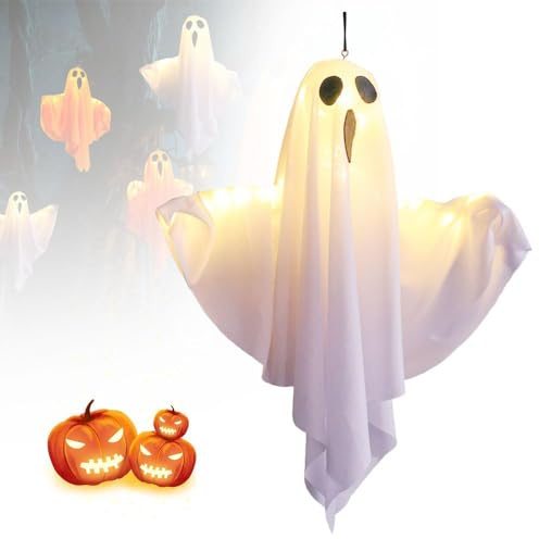 Halloween Deko Geister, Halloween Deko Outdoor, 2024 Neu 3-Fach Einstellbare Beleuchtung Hängende Geister mit Lichterketten, Terrasse, Rasen, Garten, Vorgarten Deko (A,1PC)