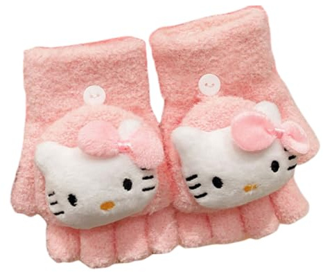 FEIFEI'S BOW Fingerless Flap Cover Gloves Spider Winter Knit Warm Mittens Soft Lined Fleece Thermal Outdoor Half Finger with Cover Convertible Flip Top for Kids boys girls (Cat)
