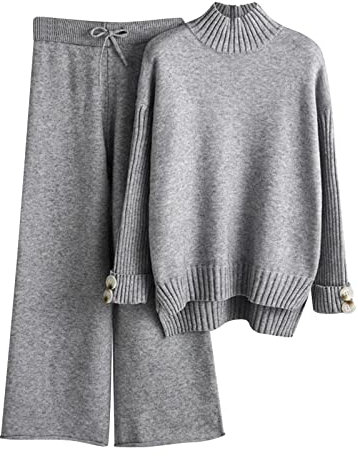 Damen Strickset Herbst und Winter Strickanzug Hoher Kragen Pullover Lange Hosen Lose Zwei Sets S Size, grau, Einheitsgröße
